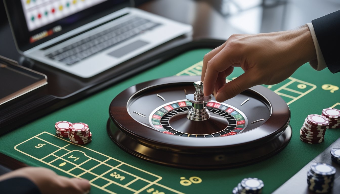 Seseorang meletakkan chip di meja roulette dengan roda roulette dan laptop di dekatnya.