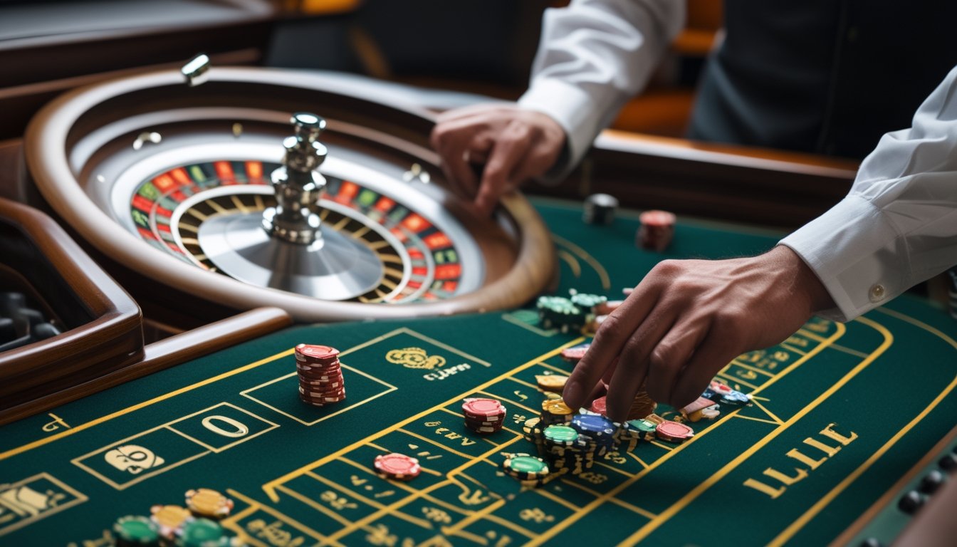 Sebuah bola bergerak di roda roulette saat pemain meletakkan chip di meja taruhan.