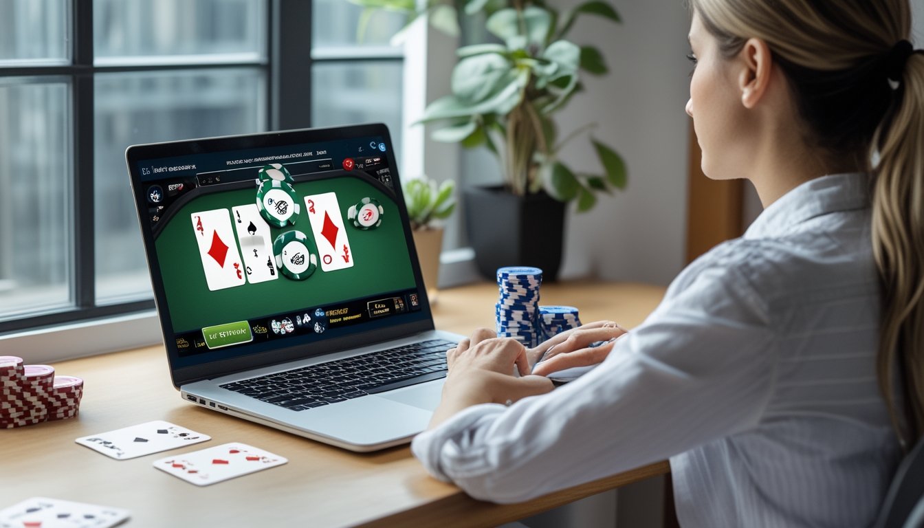 Seorang pemula mempelajari permainan poker di laptop dengan kartu dan keping poker di meja.