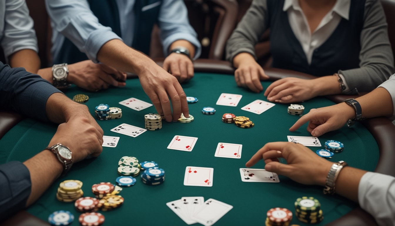 Beberapa orang bermain poker di meja dengan kartu dan keping taruhan.
