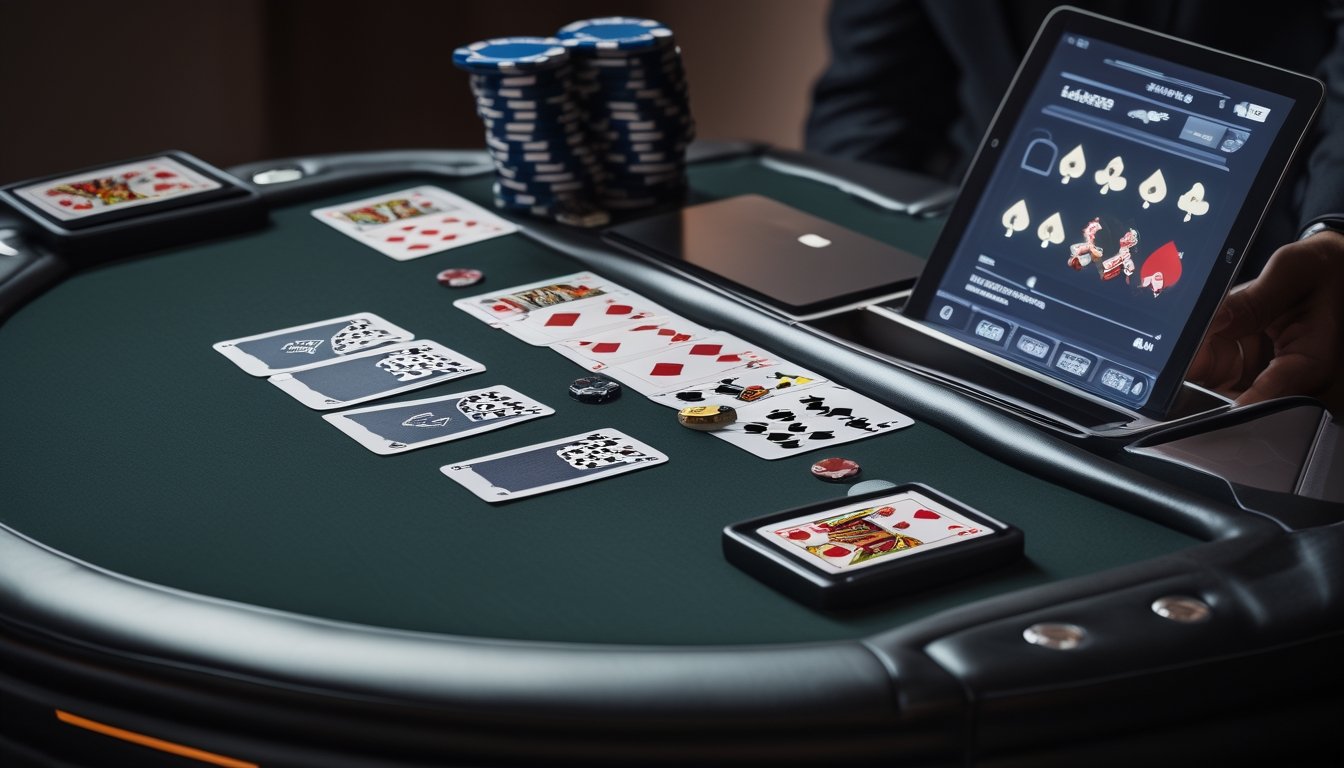 Kartu poker dan keping taruhan tersusun di meja di samping perangkat yang menampilkan permainan poker.