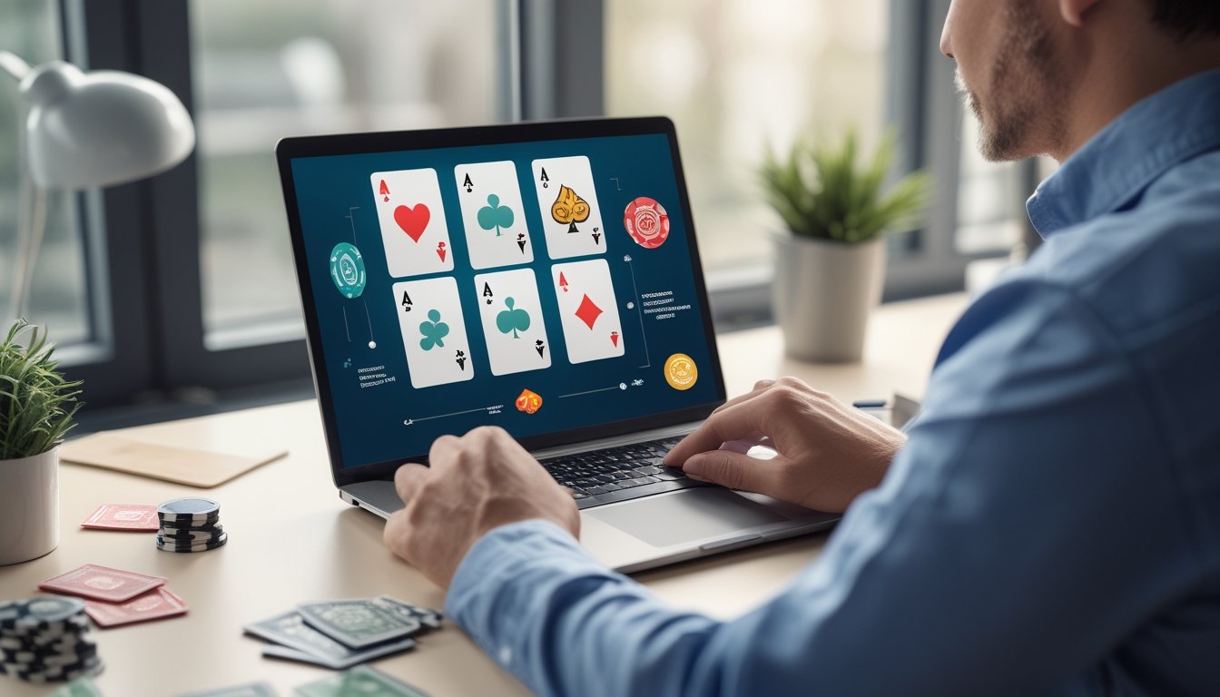 Seseorang memeriksa tampilan poker di laptop dengan kartu dan keping poker di meja.