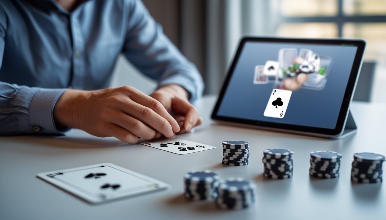 Seorang pemain mempelajari kartu dan keping poker di meja.