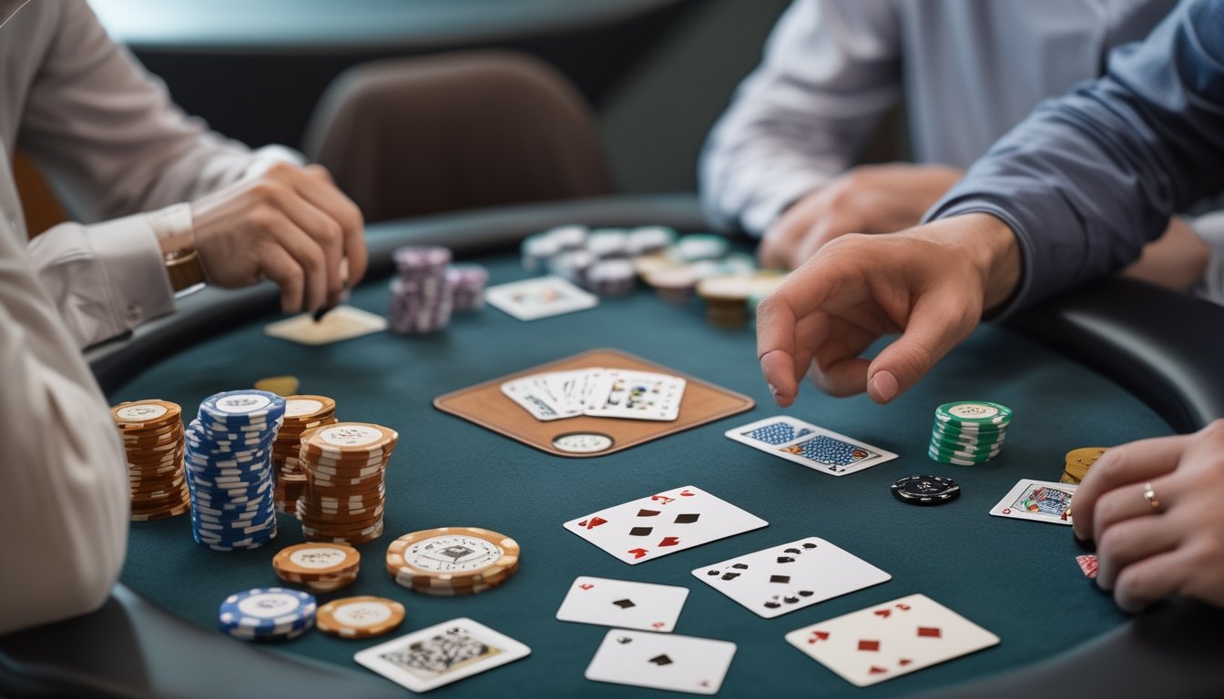 Seorang pemain mempelajari kartu poker di meja dengan tumpukan keping.