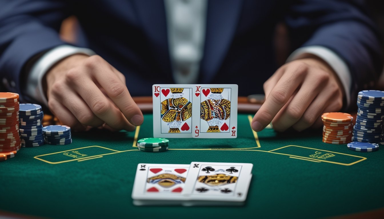 Kartu royal flush tersusun di atas meja poker hijau, dengan beberapa keping chip dan ponsel di dekatnya.
