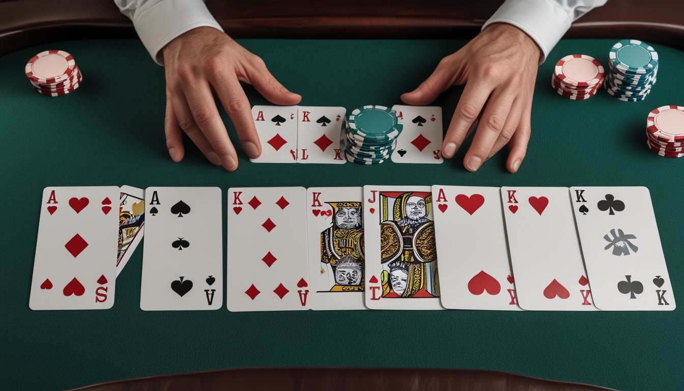 Kartu-kartu poker tersusun di atas meja hijau dengan beberapa tumpukan keping.