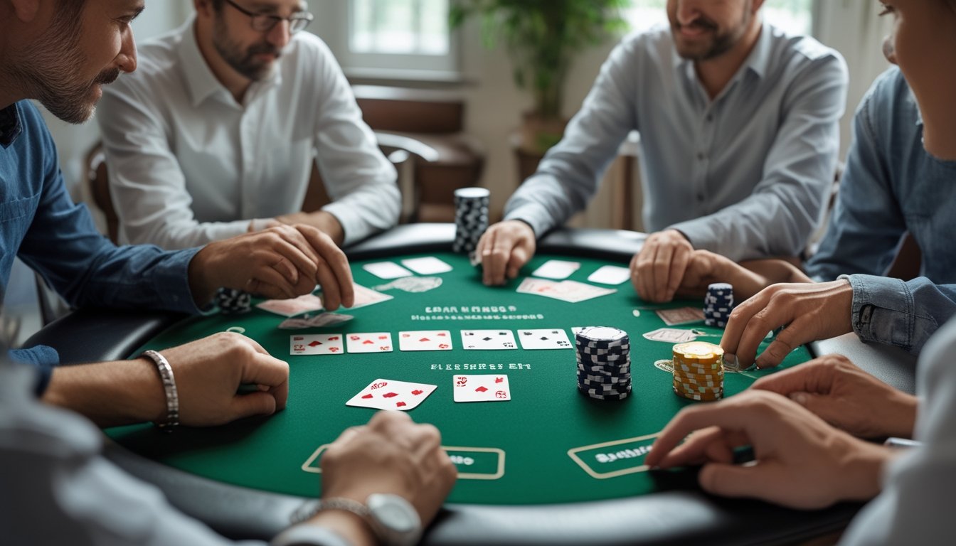 Sekelompok teman bermain Texas Hold’em di meja dengan kartu komunitas dan keping poker.