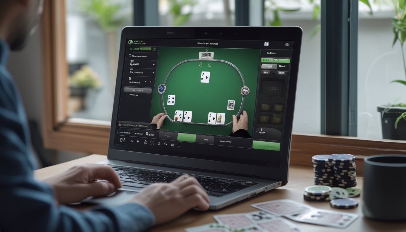 Seorang pemain dewasa melihat permainan Texas Hold’em di laptop dengan kartu dan keping poker di meja.
