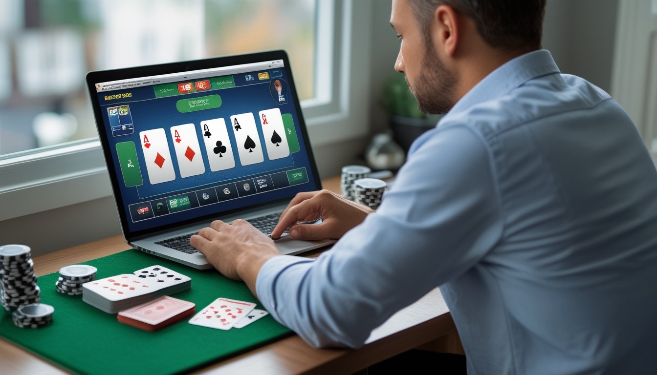 Seorang pemain mempelajari permainan poker di laptop dengan kartu dan keping poker di meja.