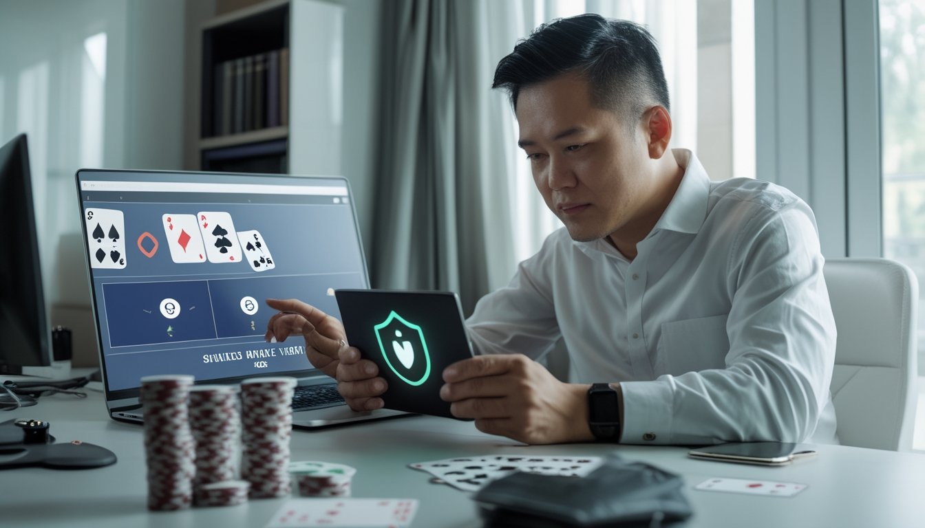 Seorang pria memeriksa platform poker di laptop sambil melihat ikon keamanan di ponselnya.