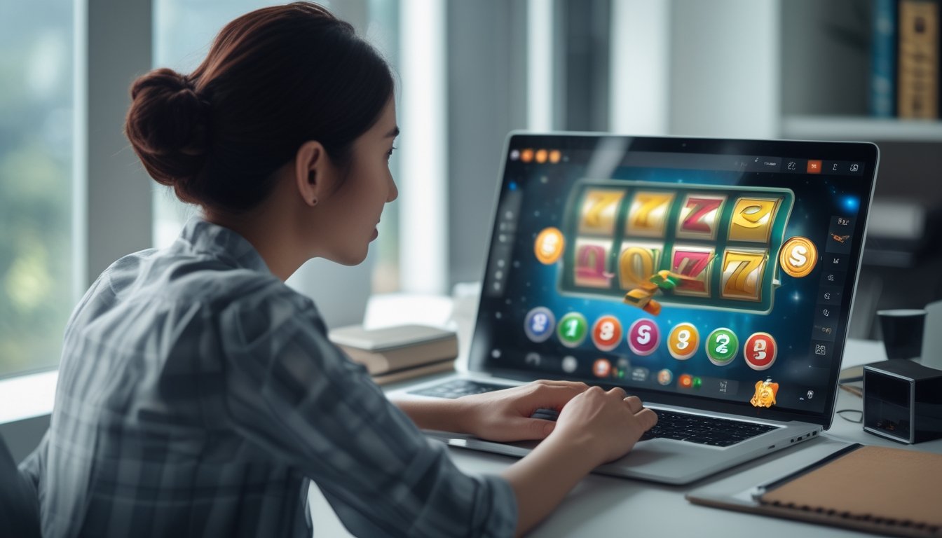 Seseorang meneliti permainan slot daring di laptop.
