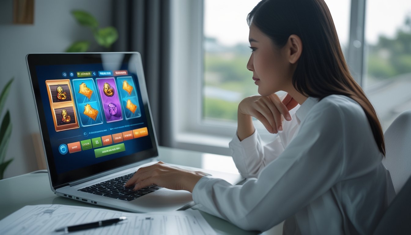 Seorang dewasa meninjau permainan slot di laptop sambil memeriksa daftar di meja.