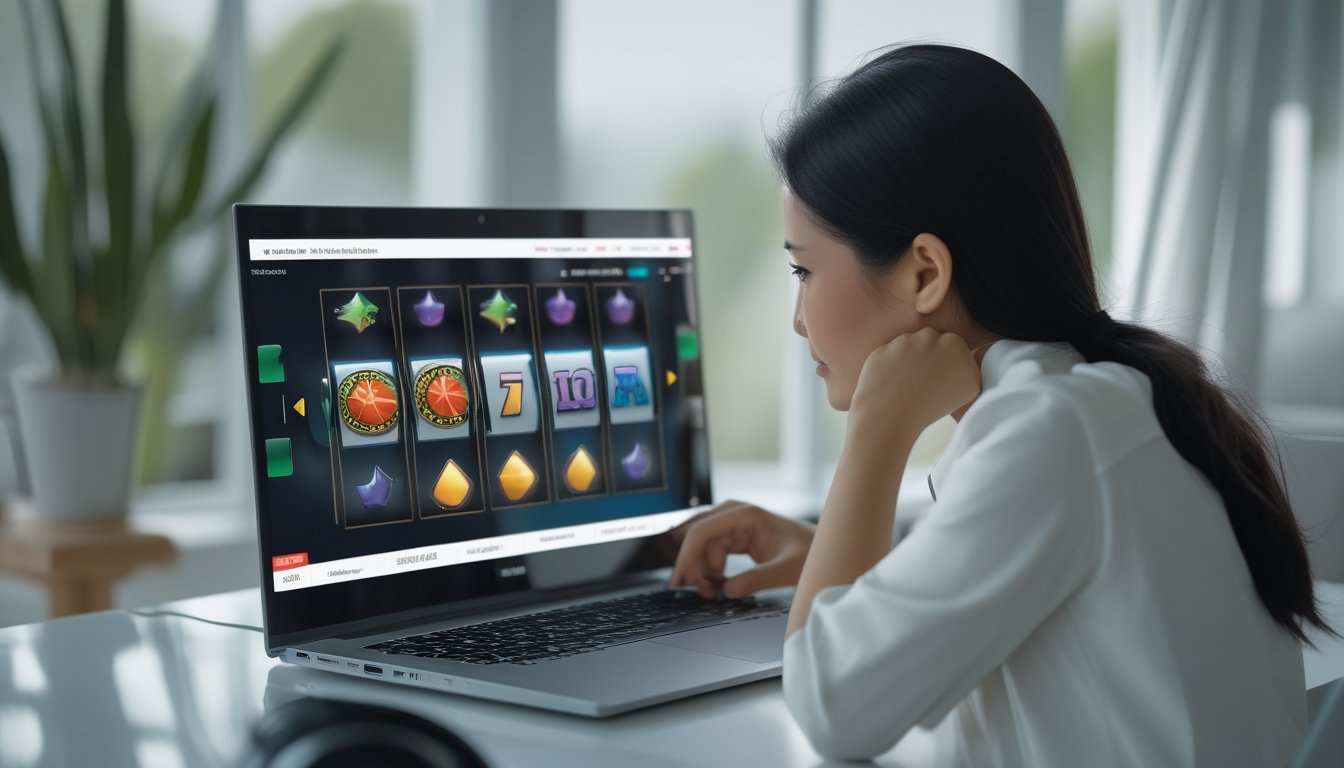 Seorang dewasa mempelajari permainan slot di laptop.