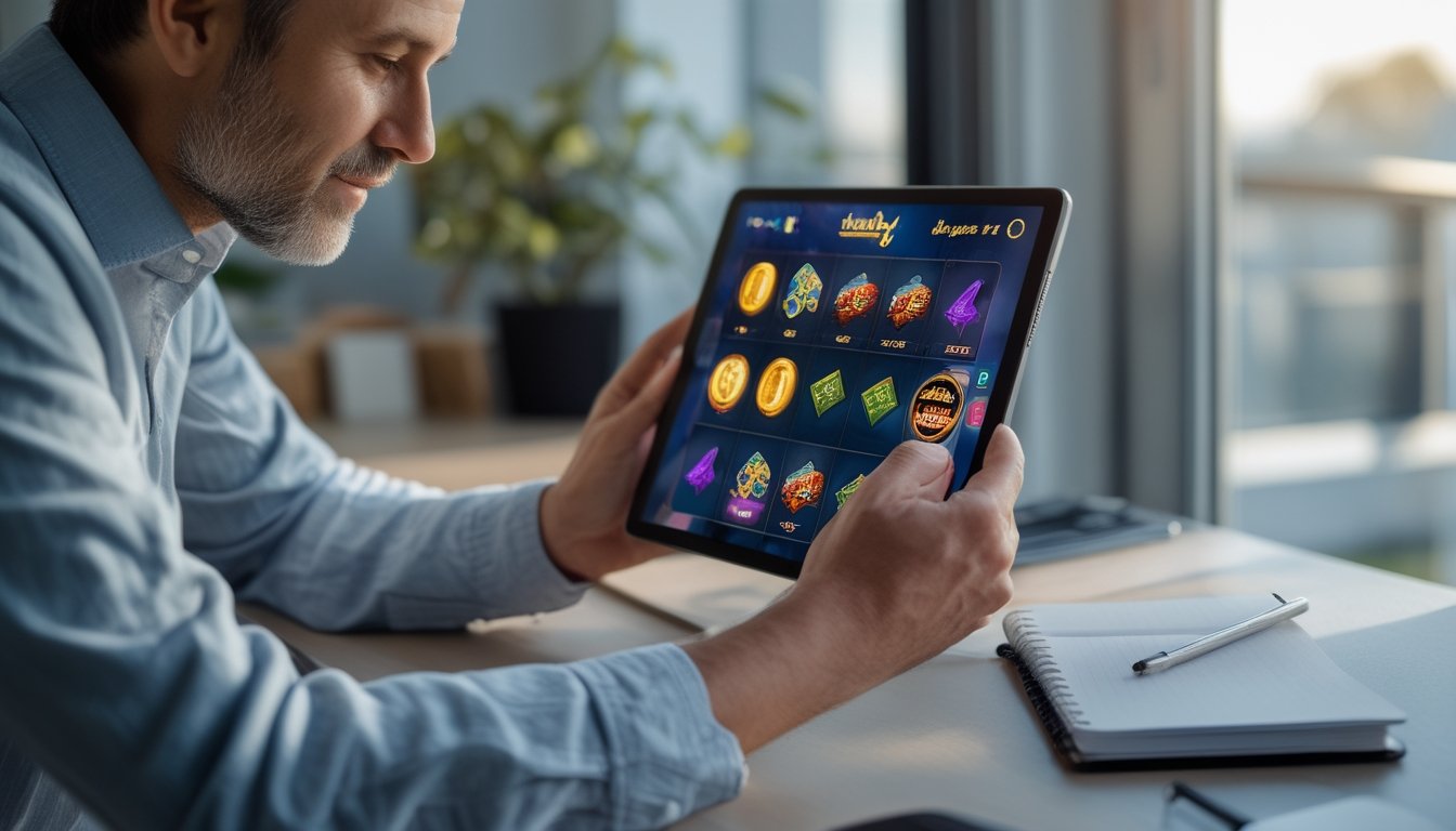Seorang dewasa mengamati tampilan permainan slot di tablet sambil menyiapkan catatan di meja.