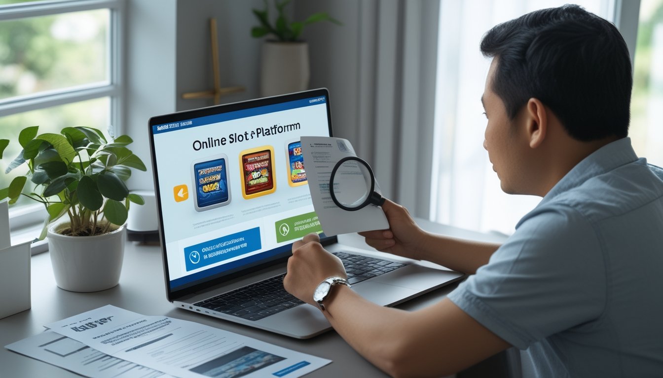 Seorang dewasa memeriksa antarmuka permainan slot di laptop sambil meninjau dokumen dan kaca pembesar.