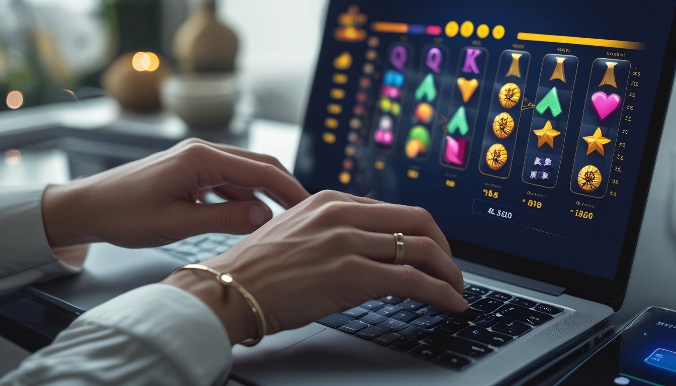 Seseorang menggunakan laptop dan ponsel dengan tampilan permainan slot serta grafik analisis.