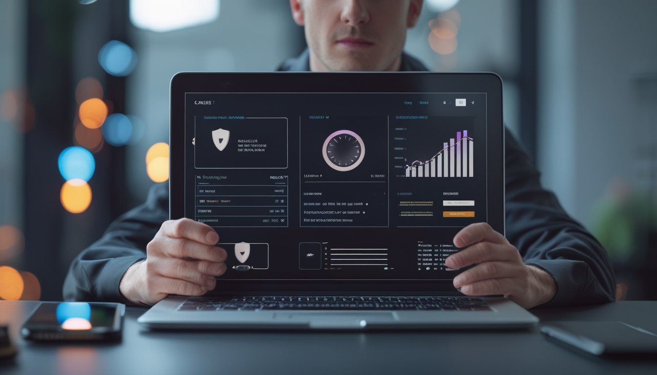 Seseorang memeriksa keamanan platform di laptop dengan simbol perisai dan grafik.