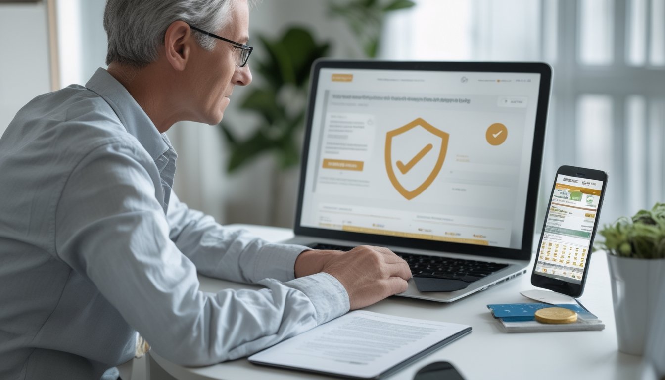 Seseorang memeriksa informasi di laptop dengan simbol verifikasi di layar.