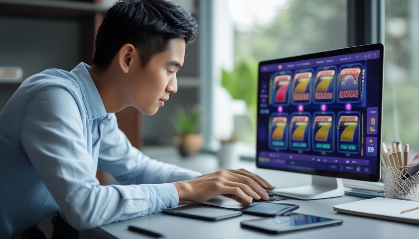 Seorang pemula mempelajari tampilan permainan slot di laptop sambil mencatat di meja.