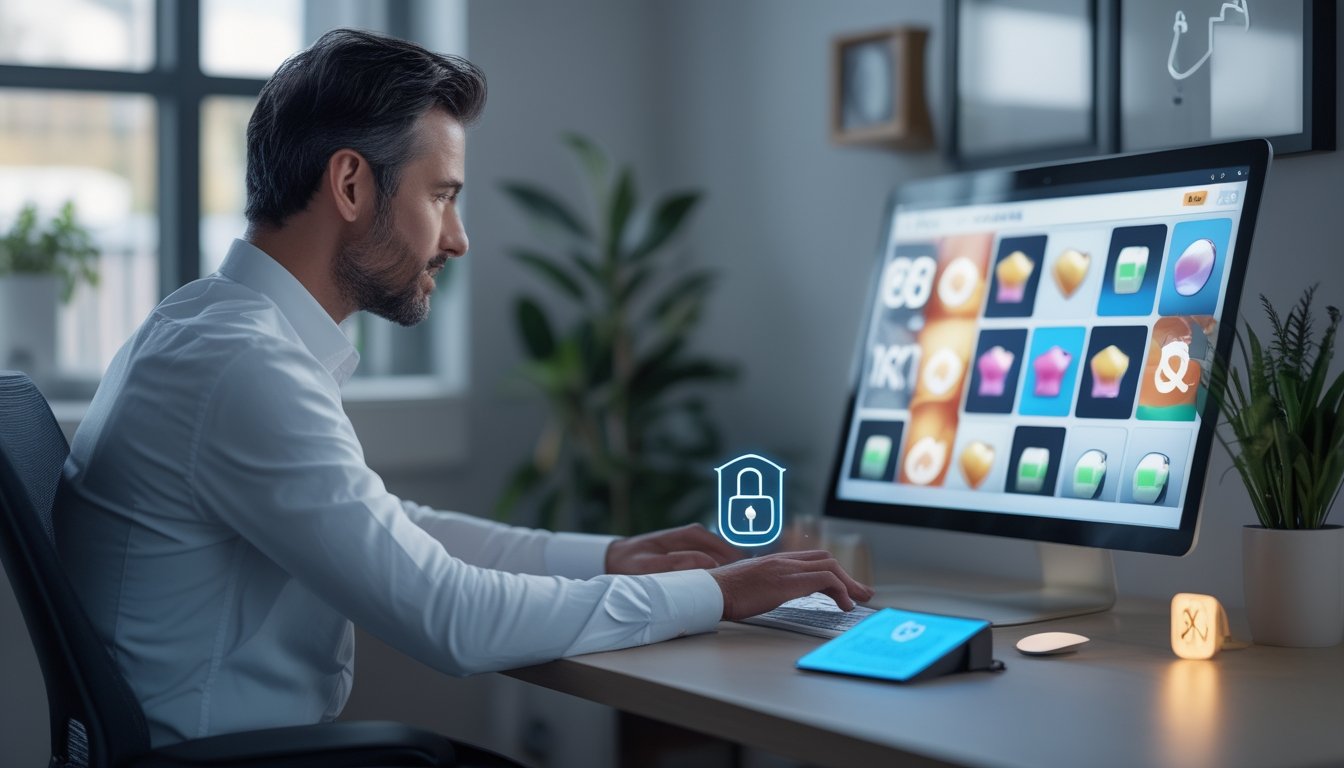 Seorang dewasa menggunakan laptop dengan tampilan permainan slot dan simbol keamanan akun.