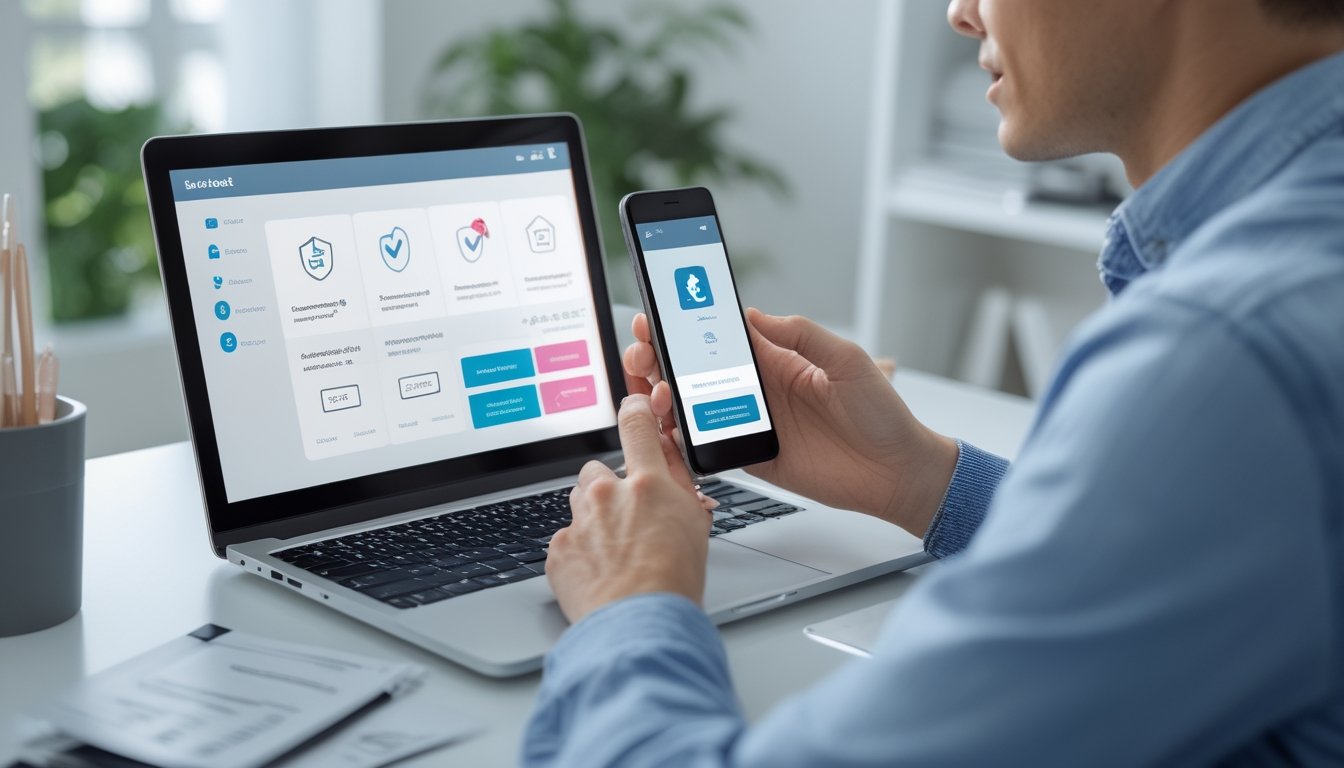 Seseorang memeriksa keamanan akun dan verifikasi platform melalui laptop dan ponsel.