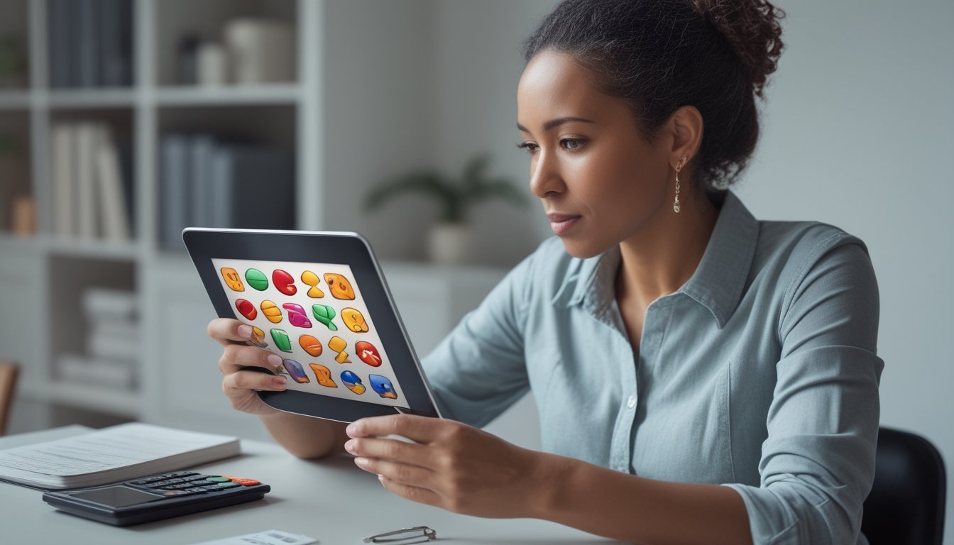 Seseorang meninjau permainan slot di tablet dengan buku catatan dan kalkulator di meja.