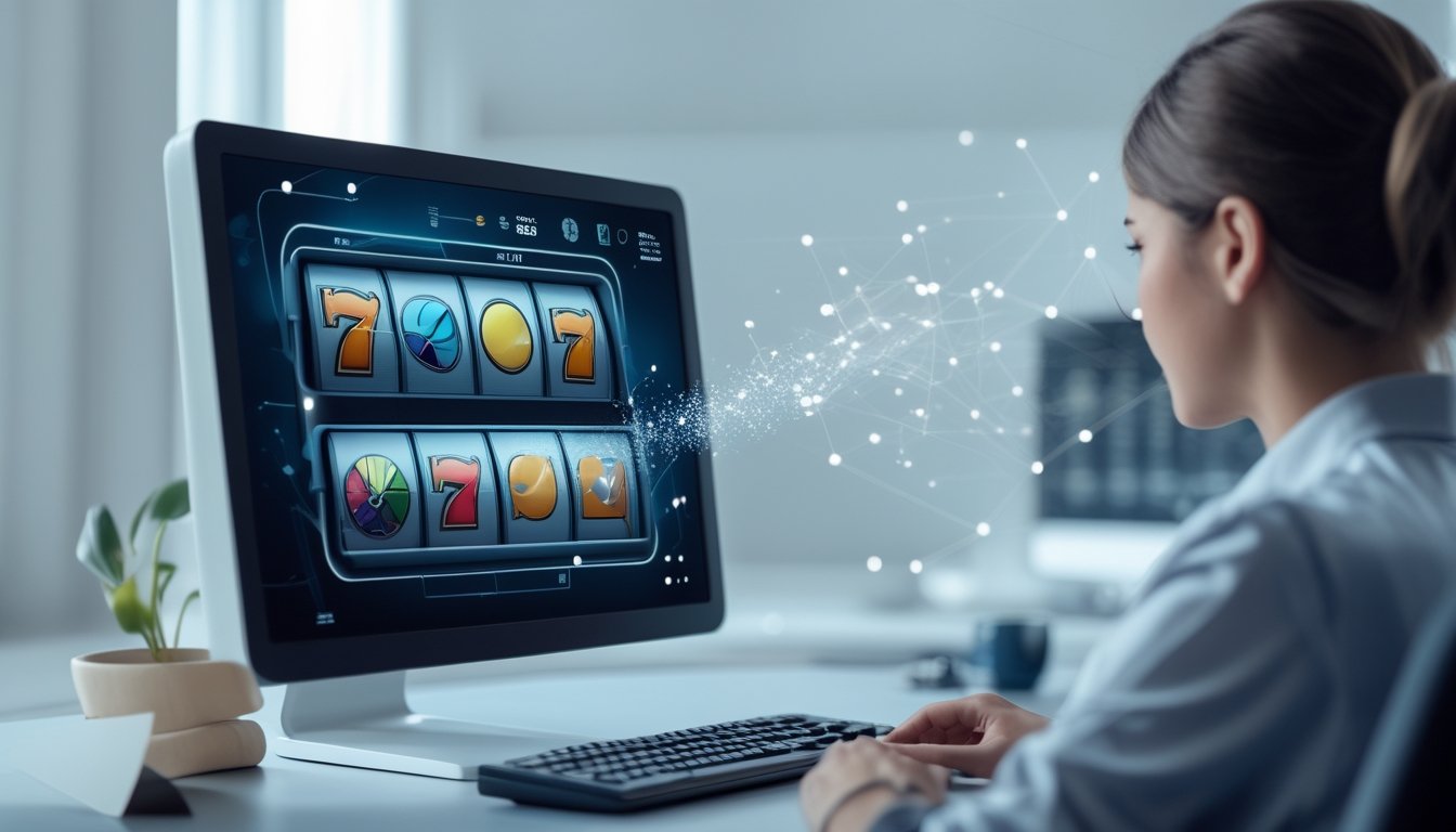 Seseorang melihat mesin slot digital dengan visual abstrak yang menggambarkan proses acak.