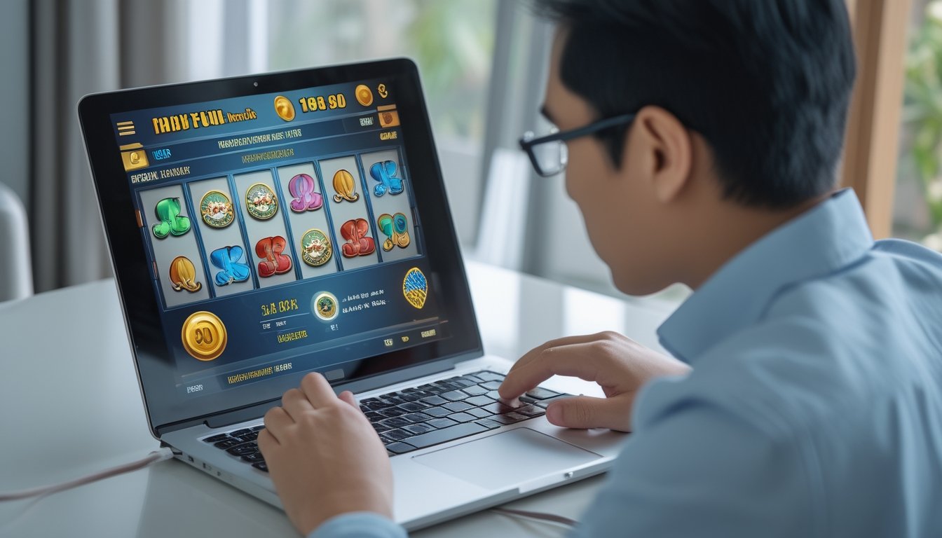 Seorang dewasa melihat permainan slot di laptop dengan simbol abstrak yang menggambarkan proses acak.
