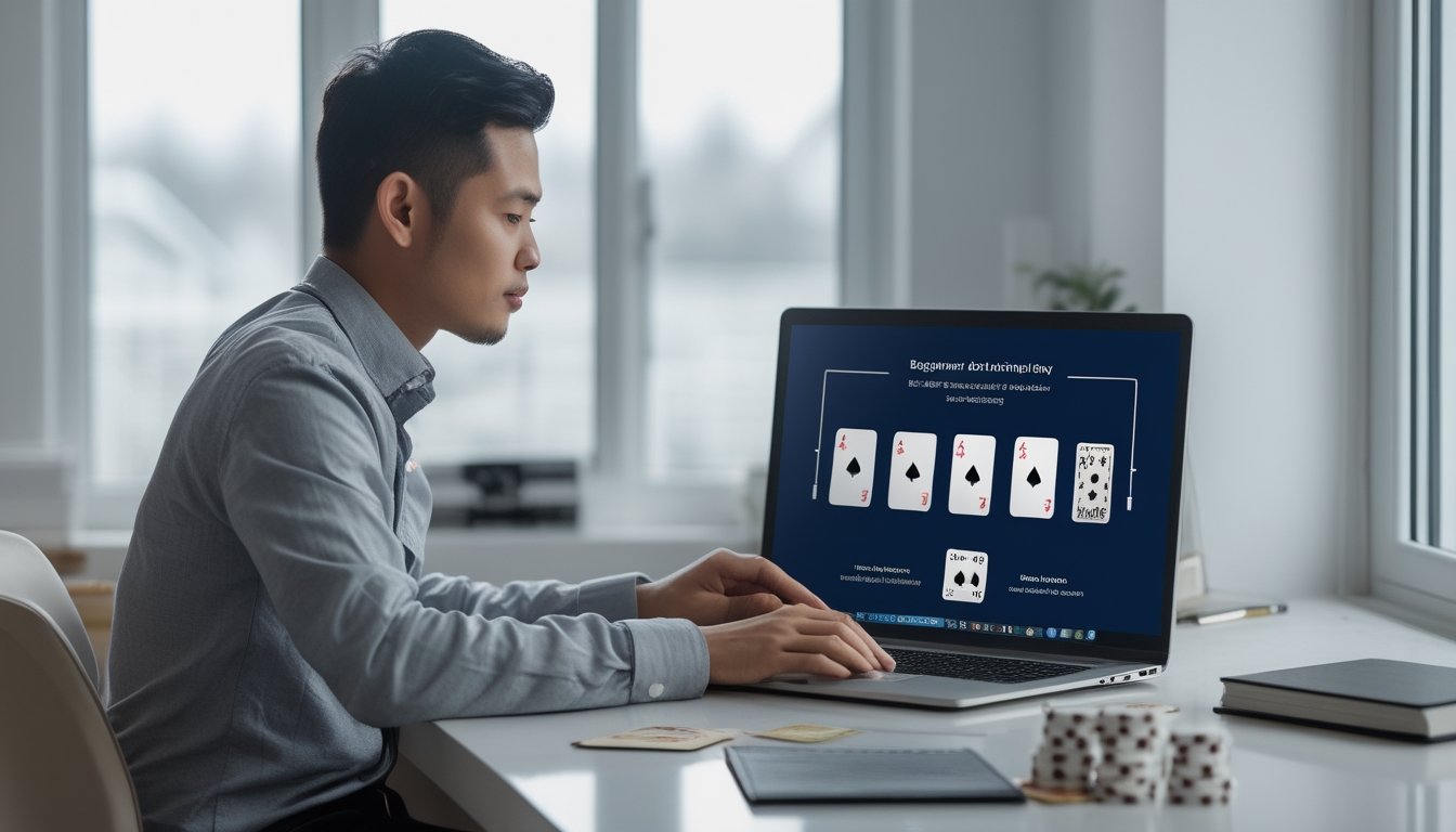 Seorang pria mempelajari permainan poker daring di laptop dengan kartu dan keping poker di meja.