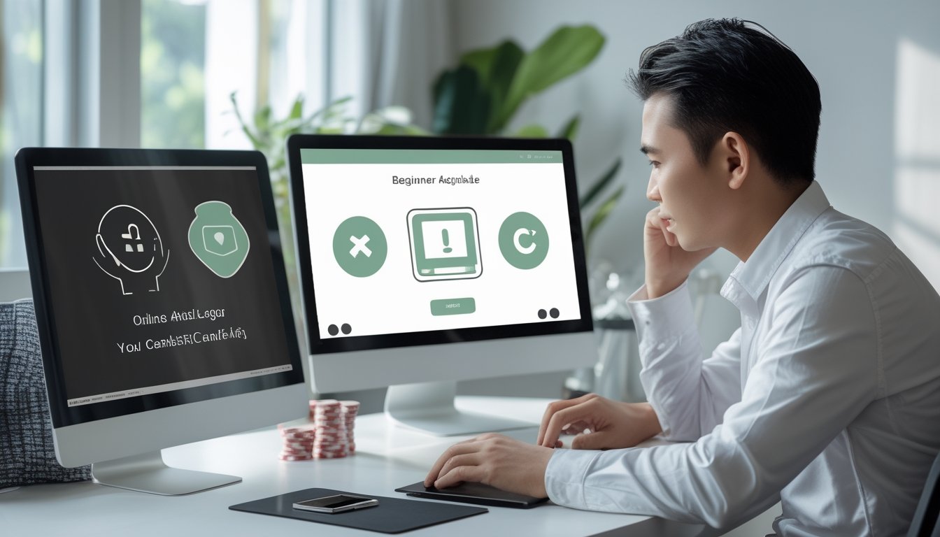 Seorang pemain dewasa memeriksa keamanan platform poker online melalui laptop.