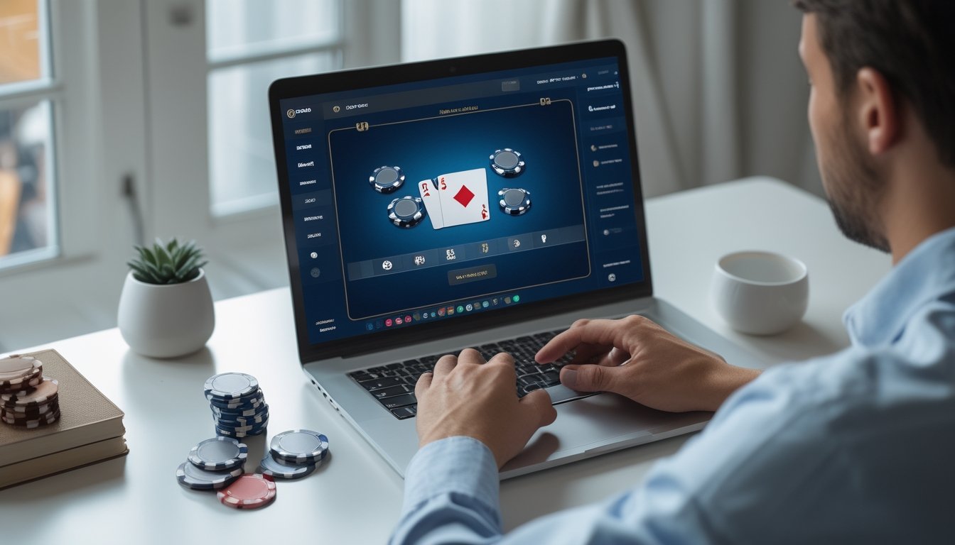 Seorang pemain mempelajari permainan poker di laptop dengan kartu dan keping poker di atas meja.