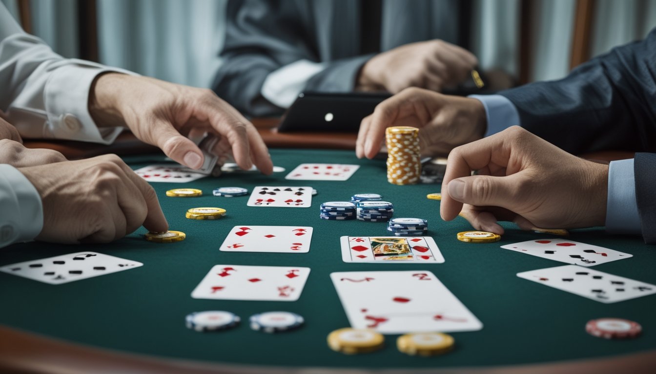 Sekelompok orang bermain poker sambil bergiliran meletakkan kartu dan keping taruhan di atas meja.
