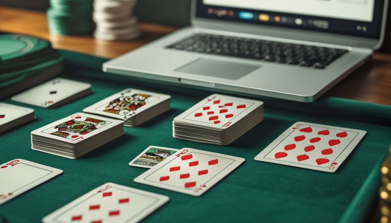 Kartu-kartu poker tersusun di atas meja hijau dalam beberapa kombinasi.
