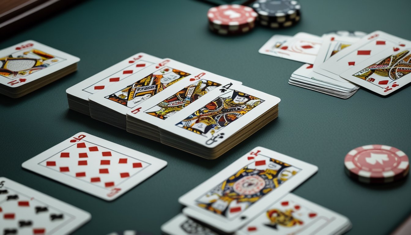 Kartu-kartu poker tersusun membentuk kombinasi royal flush di atas meja hijau, dengan beberapa keping chip di sampingnya.