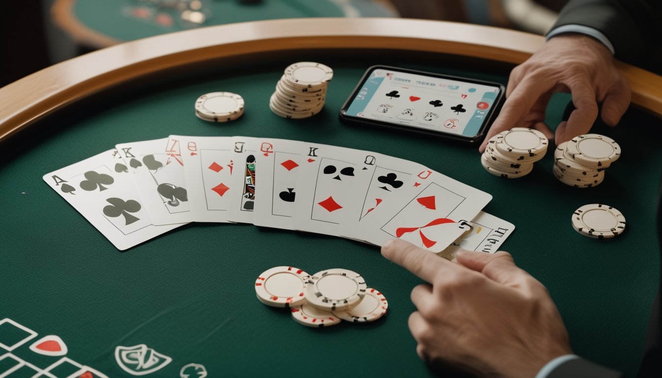 Kartu poker tersusun di atas meja hijau, dengan tumpukan chip dan ponsel di sampingnya.