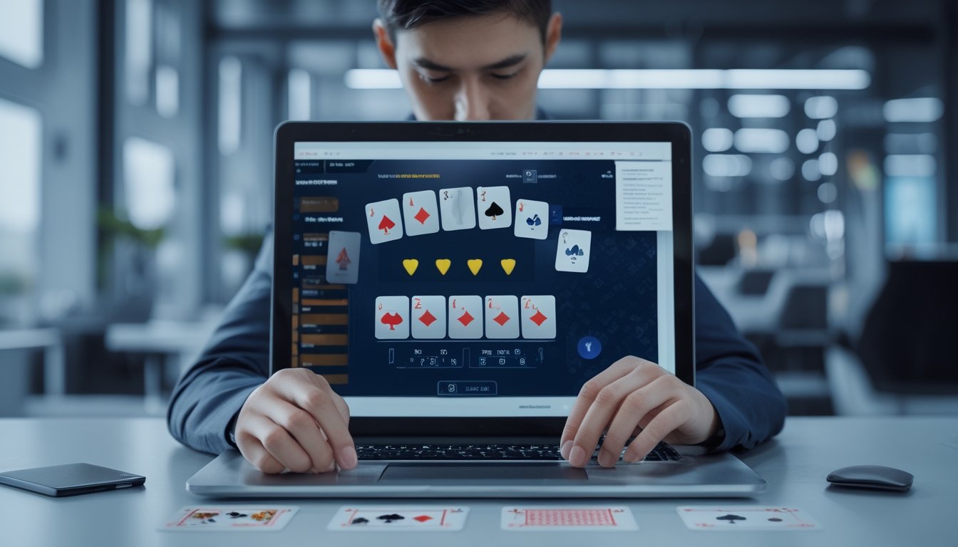 Seseorang memeriksa permainan poker daring di laptop dengan kartu dan ikon keamanan di meja.