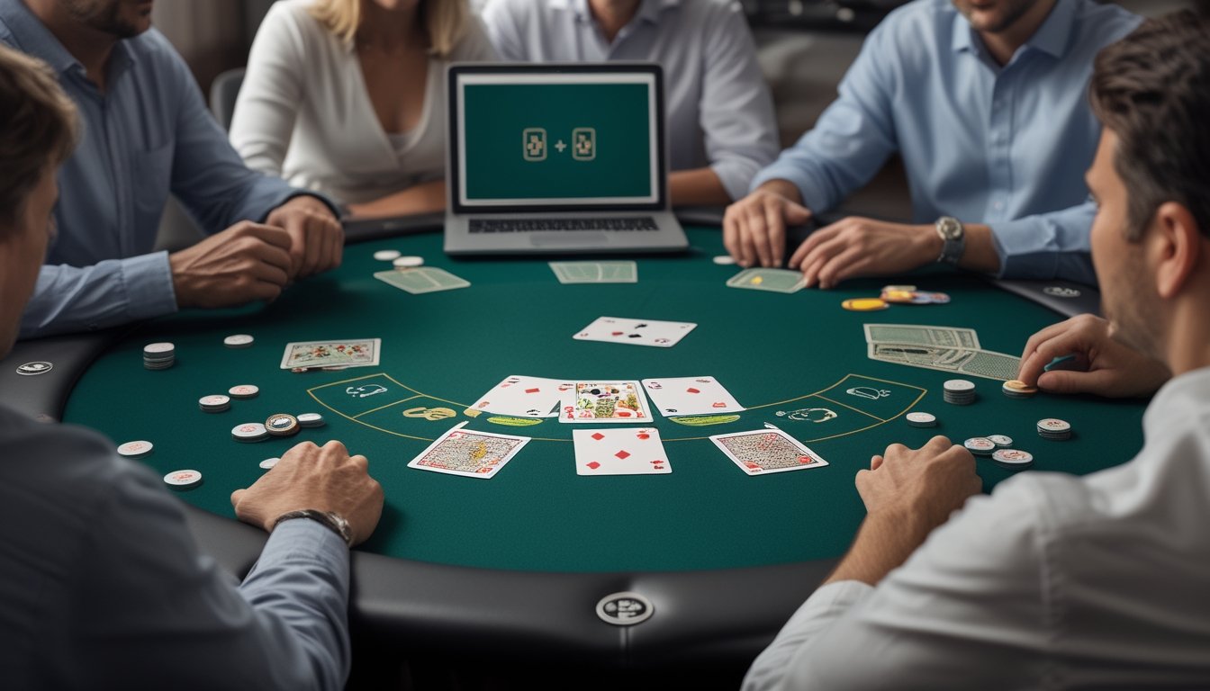 Beberapa orang dewasa bermain Texas Hold’em di meja dengan kartu, chip, tombol dealer, dan laptop.