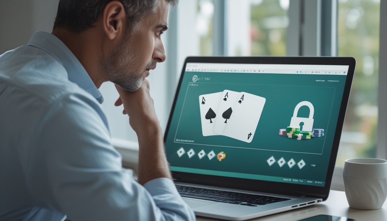 Seseorang memeriksa tampilan poker daring di laptop dengan simbol keamanan di layar.