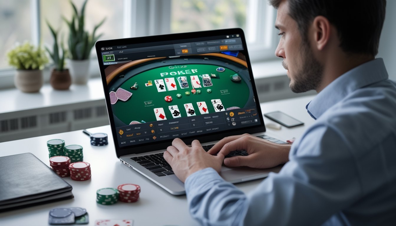Seorang pemain mempelajari permainan poker di laptop dengan kartu dan keping poker di meja.