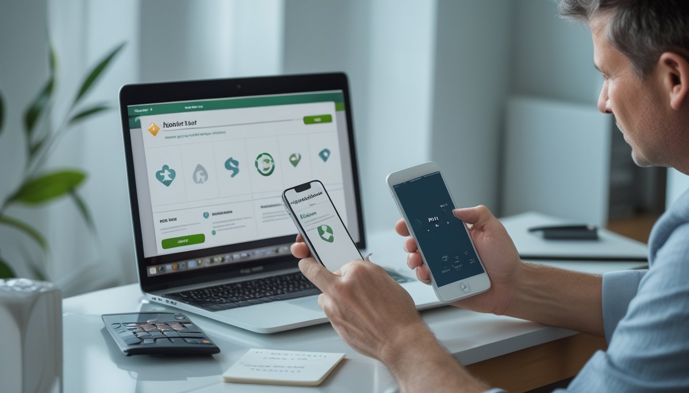 Seseorang memeriksa informasi poker di laptop dan ponsel di meja kerja.