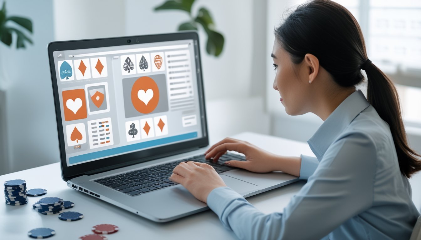 Seorang profesional memeriksa informasi poker online di laptop dengan beberapa keping chip dan kartu di meja.