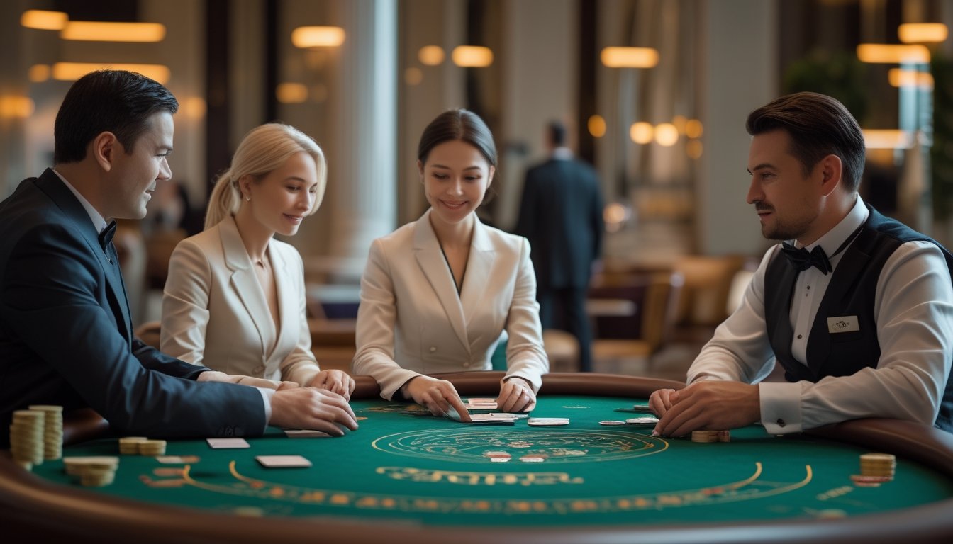 Seorang dealer menjelaskan permainan baccarat kepada dua pemain pemula di meja kasino.