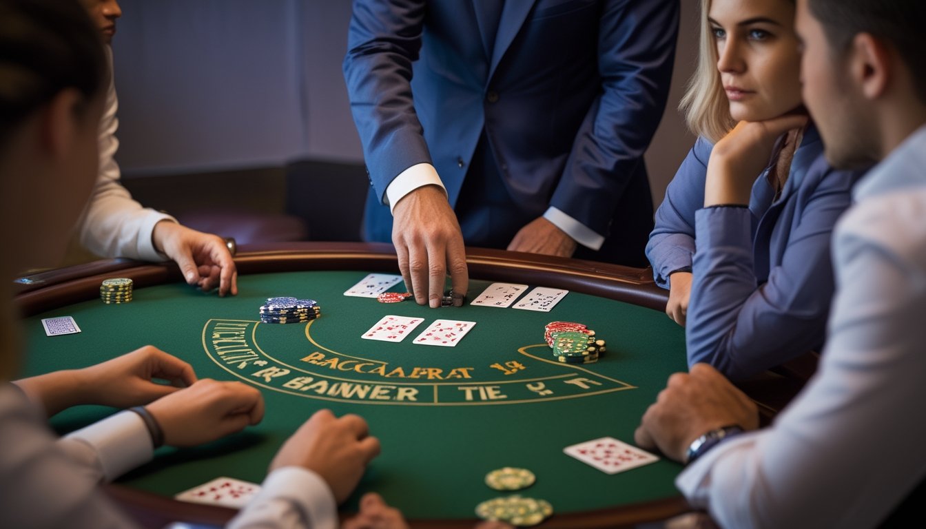 Seorang dealer membagikan kartu baccarat sementara dua pemain memperhatikan meja.