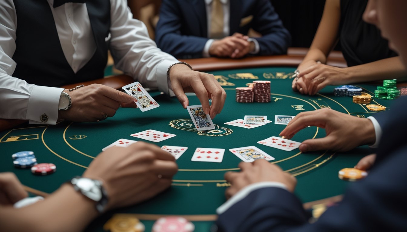 Seorang bandar membagikan kartu baccarat di meja sementara dua pemain memperhatikan.