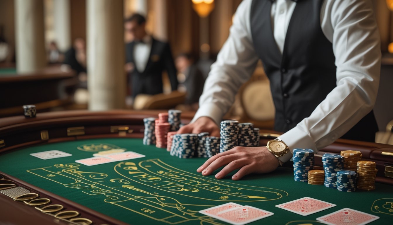 Dealer dan pemain mengikuti permainan baccarat di meja dengan kartu dan chip.