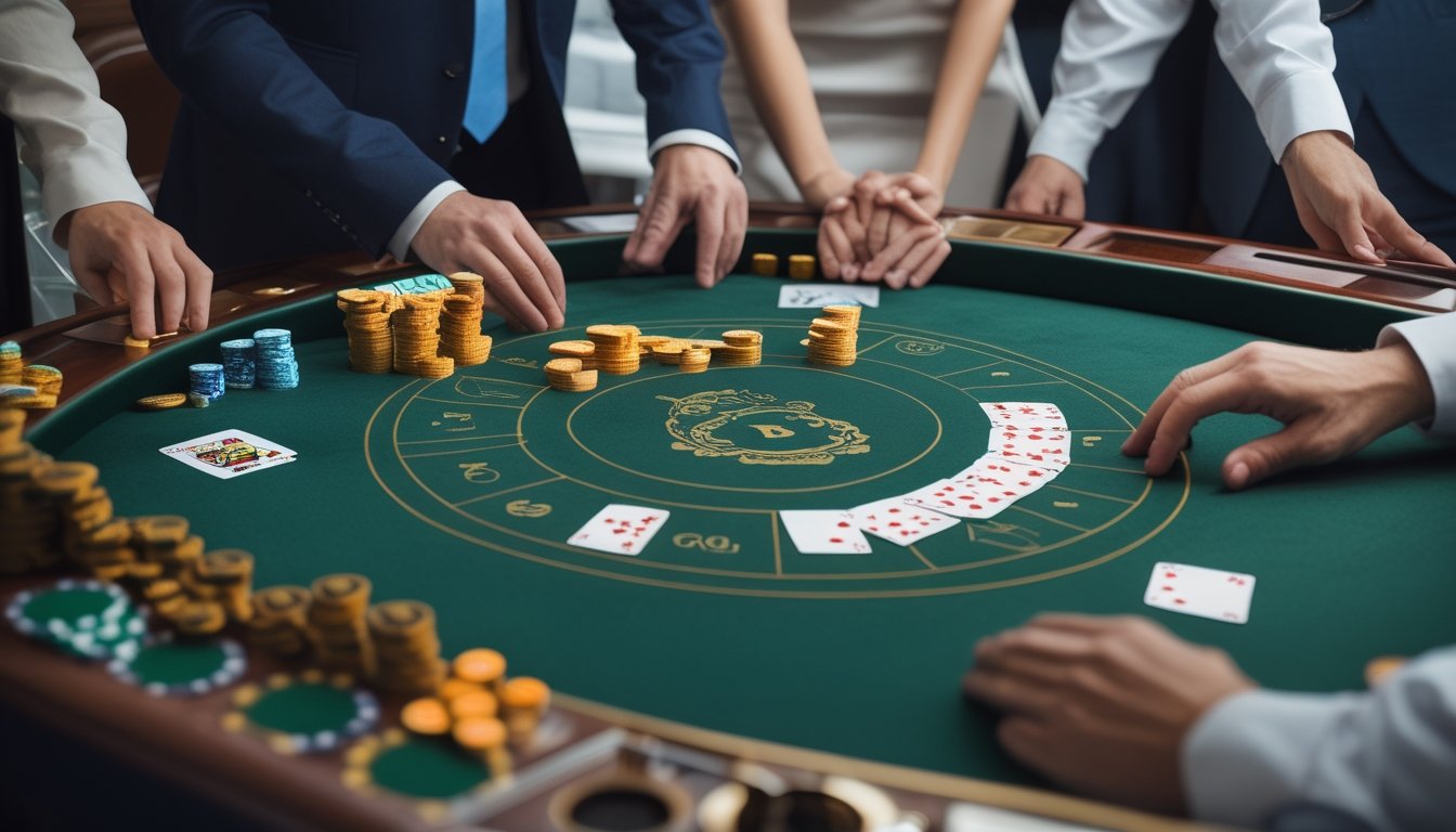 Seorang dealer menunjukkan tata letak permainan baccarat kepada beberapa pemain di meja.