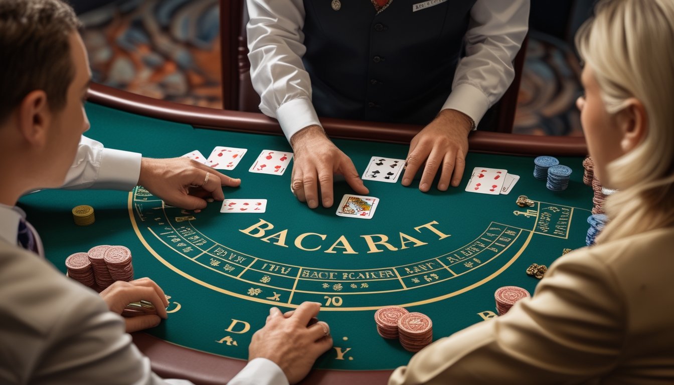 Seorang dealer menjelaskan permainan baccarat kepada dua pemain di meja dengan kartu dan keping taruhan.