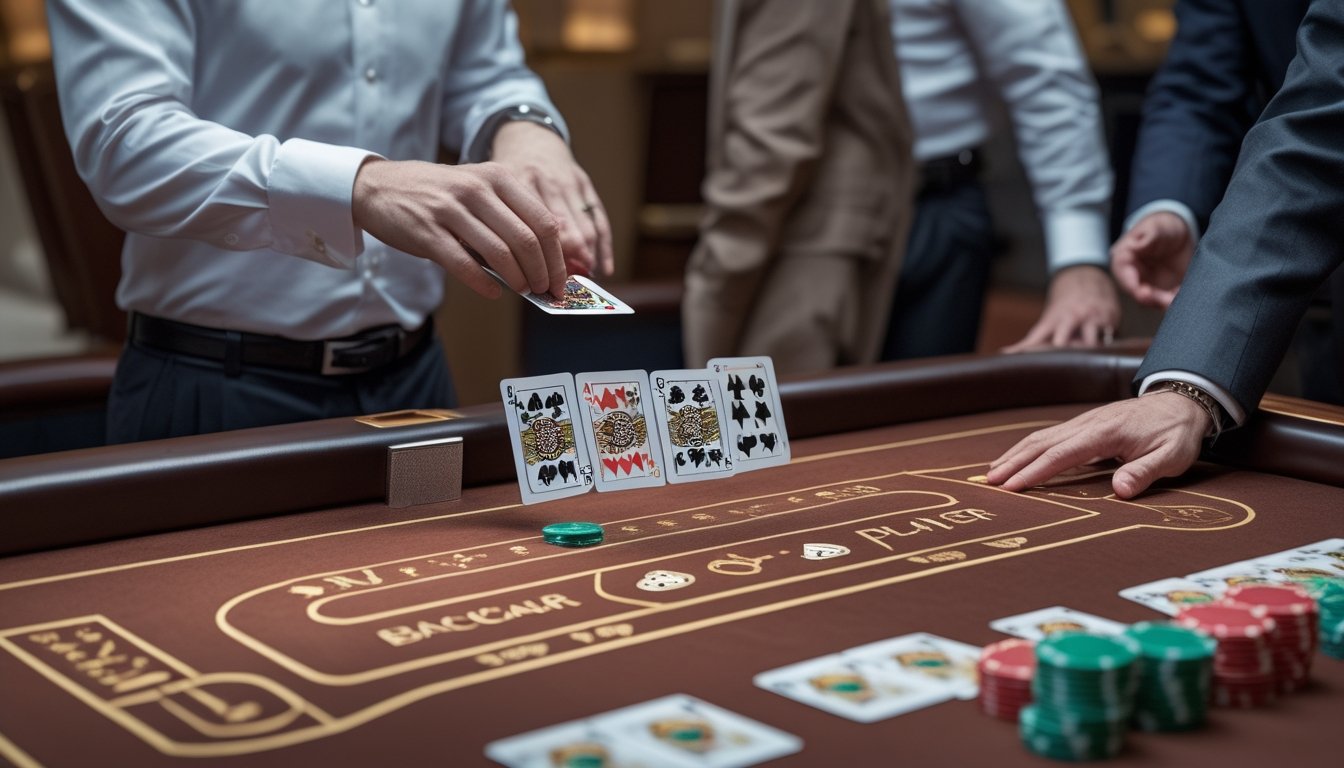 Dealer membagikan kartu baccarat di meja dengan area taruhan Banker, Player, dan Tie.