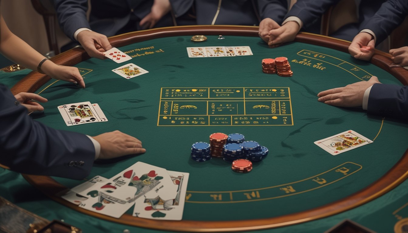 Dealer membagikan kartu di meja baccarat sementara dua pemain memperhatikan.