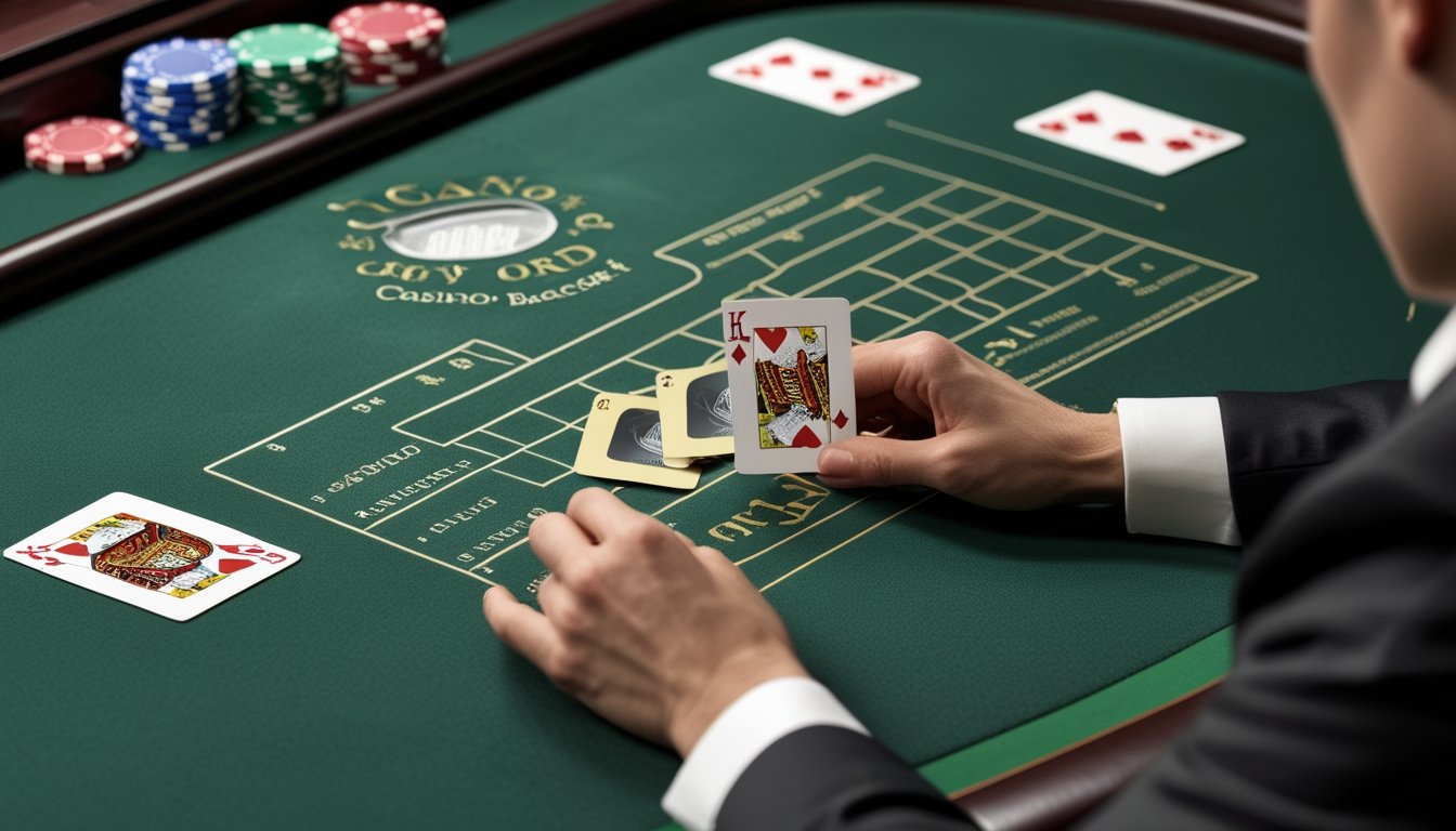 Kartu remi dan keping taruhan tersusun di atas meja baccarat.